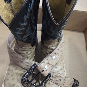 Ostrich Leather Cowboy Boots with Black and Tan Design. Matching belt included